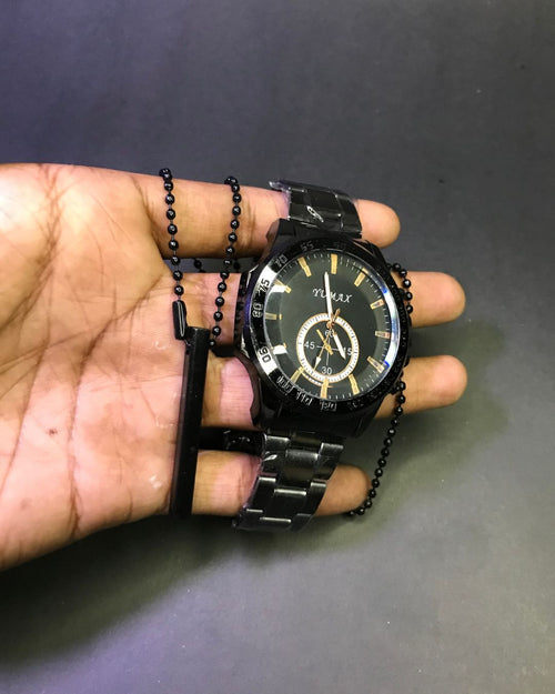 Black Stainless Steel Watch + Free Chain